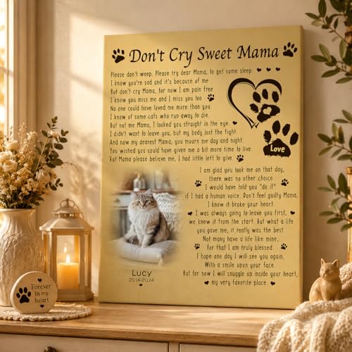 KiKiLuna Personalized Pet Memorial Canvas, Don't Cry Sweet Mama Poem Wall Art, Custom Photo Name Dates, Framed Poster Gift for Dog Mom Cat Mom Loss - color: Design 1