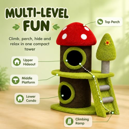 30.7 Inch Cute Mushroom Cat Tree Tower, Multi-Level Cat House with Sisal Scratching Post, Green Brown Cartoon Indoor Cat Furniture for Kittens & Multi-Cat Families - color: Style A