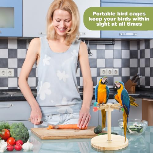 3 Pcs Bird Training Stand Kit, Parrot Training Clicker Portable Tabletop Bird Perch and Target Stick, Wooden Spin Perch Clickers with Wrist Strap for Parakeet Conure Lovebird Cockatiel (Spin) - style: Spin