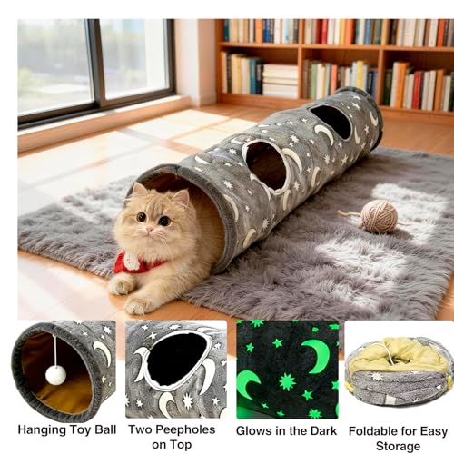 Glow-in-the-Dark Cat Tunnel for Indoor Cats Large Foldable Cat Play Tunnel with Hanging Ball 2 Peepholes Interactive Cat Toy for Kittens Pet Tunnel for Small Dogs Cat Tube for Indoor Cats - size: 2-Way Fluorescent Moon