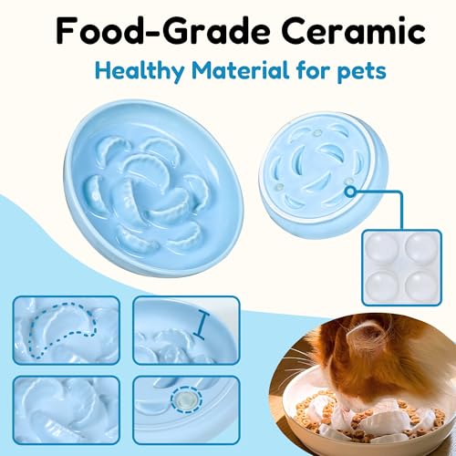 Ceramic Cat Slow Feeder Bowl Set, 2 Pcs Dumpling Shape Cat Food Plates, 6.2" W Wide Shallow Whisker Friendly Slow Feeding Cat Bowls for Dry Food, Wet Food & Treats, Dishwasher Safe (Pink + Blue) - color: Pink + Blue