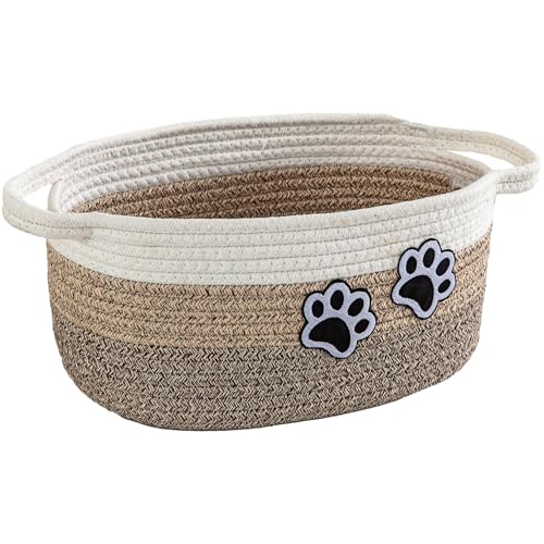 Small Woven Cotton Rope Nursery Organizer Bins, Dog Toy Basket Bins with Handle, Cute Empty Pet Gift Storage Baskets with Paw - color: White-Jute