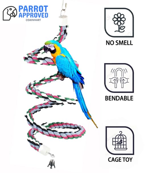 65 inch Length Colorful Cotton Bendable Rope Perch Swing Bird Chew Toys Amazon Parrots Cage Toys with Bell Swing Climbing Standing Bungee Bird Toys for Large to Regular Birds - size: 65'x1pc