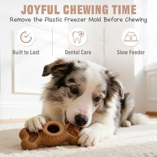 3-in-1 Enrichment Dog Toy for Aggressive Chewers,Frozen Treat Toy & Interactive Treat Dispenser with Peanut Butter Grooves,Long Lasting Slow Feeder Chew Toy for Large Dogs,Easy to Clean,Brown - color: Brown