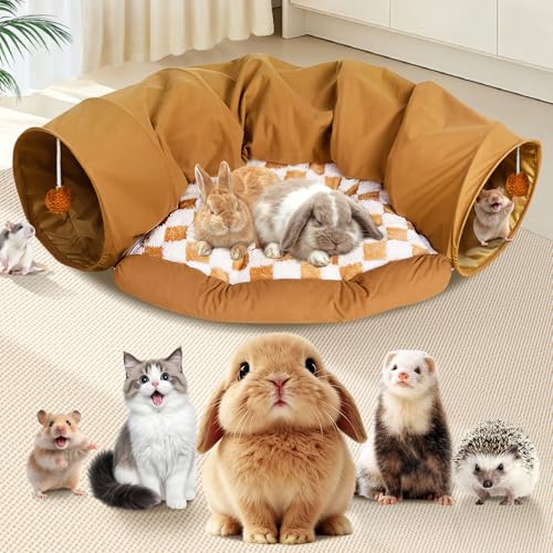 Spardar 2-in-1 Bunny Tunnel Bed, with Removable Mat Hideout, Khaki - color: Khaki