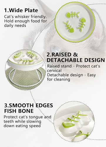Ceramic Elevated Slow Feeder Cat Bowl, Anti Vomit, Removable Dish, Green - color: Green