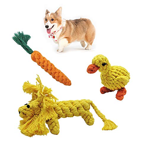 Andiker 3PCS Cotton Rope Puppy Teething & Training Durable Dog Plush Toys - Lion, Carrot & Duck Interactive Biting Rope Dog Chew Toys