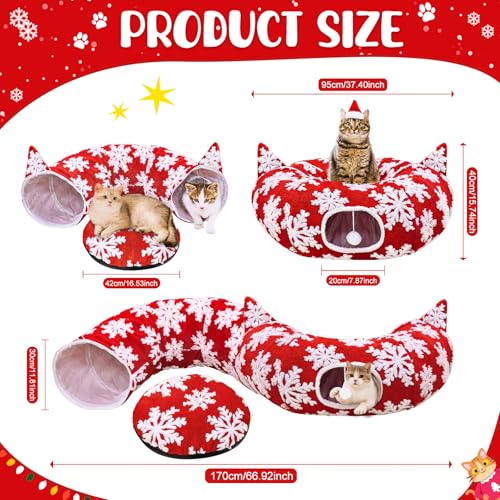 Red Christmas Tree Cat Tunnel Bed, Large Cat Tunnel Tree Skirt with Toys - color: Snowflake