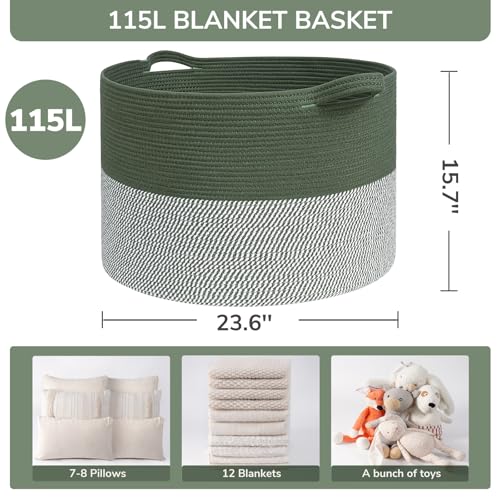 INDRESSME 115L Extra Large Woven Rope Blanket Basket Living Room Green - color: Green & White, size: 23.6"D x 15.7"H