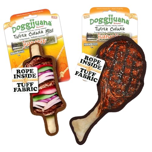 Doggijuana Tomahawk Steak & Grilled Kebab Dog Toy Bundle | 2 Pack, Squeaky - style: Tomahawk Steak & Grilled Kebab
