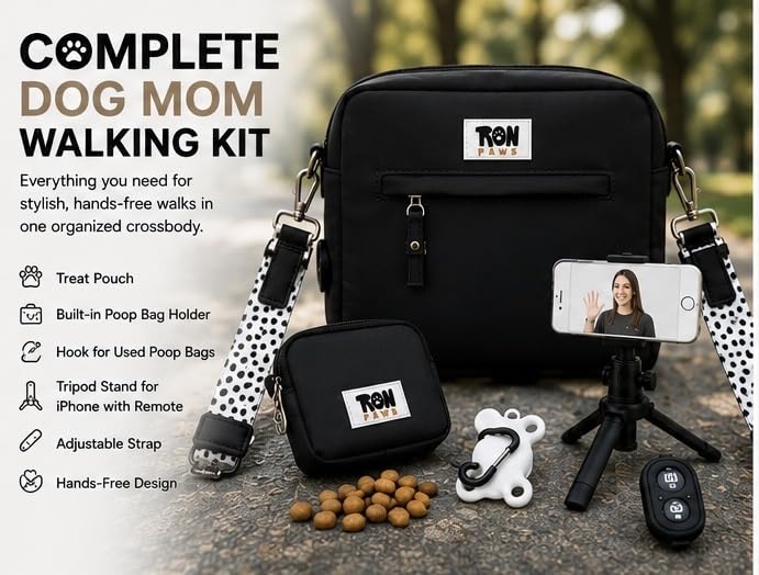 Hands-Free Dog Walking Crossbody for Training, Treat Pouch, Built-in Poop Bag Dispenser, Used Bag Hook & Bonus Tripod (Black) - color: Black