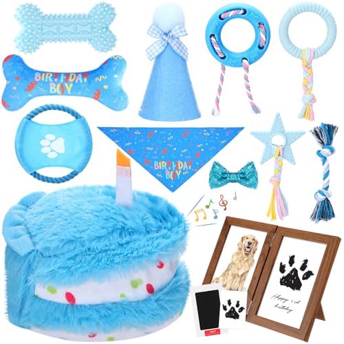 Gemscream 14 Pcs Dog Birthday Toy Gifts Dog Birthday Cake Puppy Interactive Squeak Toys Decorations for Small and Medium Dogs Supplies(Blue) - color: Blue