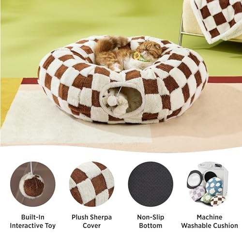 Lesure Donut Cute Jacquard Cat Tunnel Bed Kitten Toys for Puppy Bunny - color: Brown Checks, size: Standard (33.5"L x 33.5"W x 10"H)