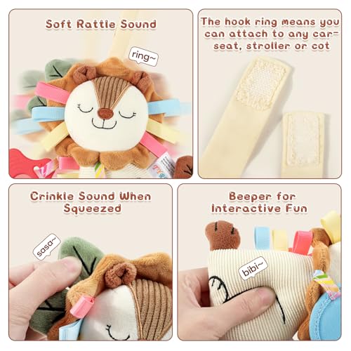 TYRY.HU Car Seat & Stroller Activity Toy,Soft Plush Cot Hanging Toy, Baby Rattle Toy with Strap,Developmental Sensory Toy-Textured Ribbons&Teether&Mirror&Crinkle Sounds for Infants 0 3 6 12 Months - color: B: Lion Stroller Toy