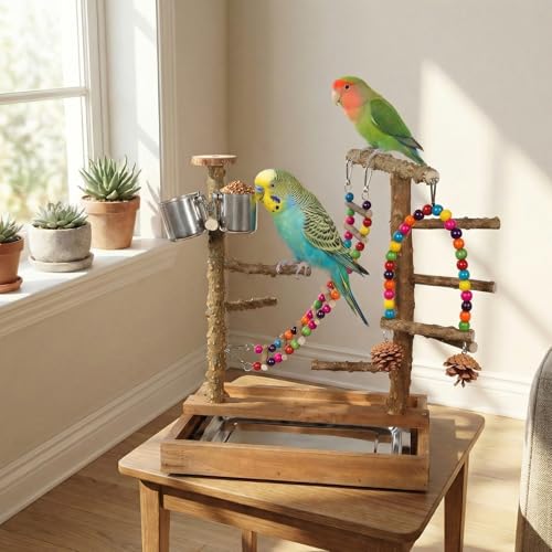 Natural Wood Bird Perch Stand Parrot Playground Play Gym - color: Brown