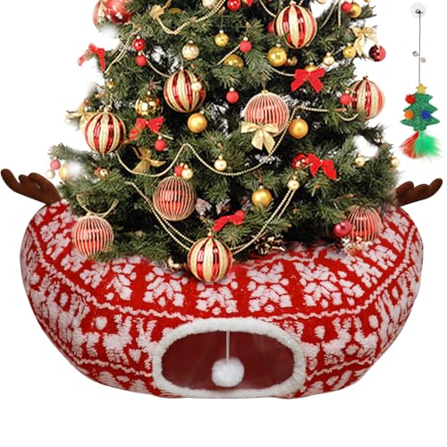 Cat Tunnel Christmas Tree Skirt, Multifunctional Christmas Tree Protector Washable Indoor Cat Donut Cave Bed with Interactive Toys Kitty Hideout Tubes for Small Animal,32"×10", (Plush, Reindeer) - color: Plush, Reindeer
