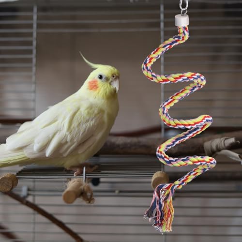 Bird Rope Perch Swing, Spiral Rope Perch Standing Pole Accessory Climbing Swing Paw Grinding 59 Inch, (Yellow) Intended for Parrot/Parakeet/Budgies/Cockatiels/Lovebirds - color: Yellow, size: 59 Inch