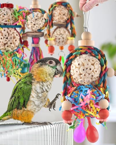 Bissap Conure Toys, 5 PCS Bird Foraging Shredder Hanging Swing Rope Perch Toys Sola Balls with Sand Hammer for Small Parrots Parakeets Conures Cockatiels Love Birds Cage Toy - size: 5 PCS