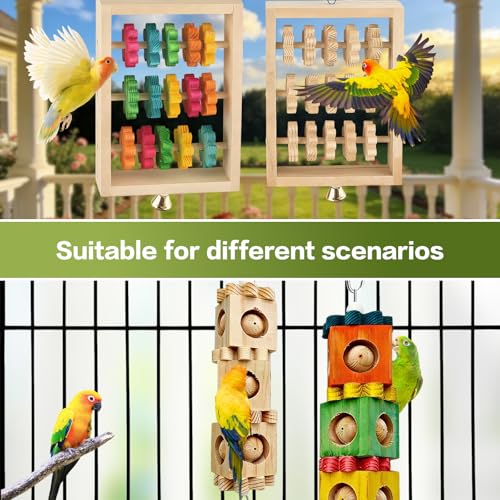 2Pcs Bird Toys, Wooden Swing Chewing Puzzle Climbing Hanging Block Toy