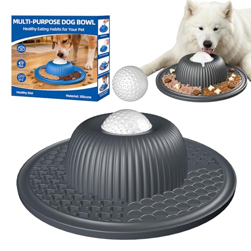 2-in-1 Dog Slow Feeder Bowl & Lick Mat with 2 Rotatable Balls, No-Slip Silicone Anxiety Relief Treat Mat for Dogs & Cats, Dishwasher Safe (Gray) - color: Gray
