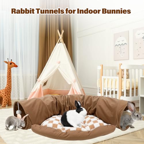 BWOGUE Bunny Tunnel Bed, Collapsible Rabbit Tunnel Hideout with Mat, Coffee - color: Coffee