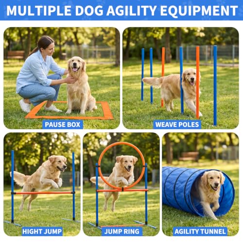 5 in 1 Dog Agility Equipment Set, Complete Agility Training Equipment Kit with Dog Tunnel, Adjustable Jump Hurdle, Jump Ring, Weave Poles & Pause Box, Portable Plastic Pet Obstacle Training Gear