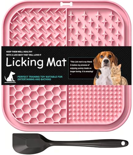 Licking Mat for Dogs & Cats with Suction Cups, 1 Pack Square Dog Slow Feeder Lick Pat for Anxiety Relief Boredom, Dog Toys to Keep Them Busy, Pets Bathing Training Grooming Mat 7.8 * 7.8 inches - color: 1Pack-Pink