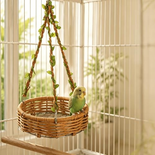 Bird Nest Hammock,Handwoven Rattan Bird Swing with Breathable Mesh Base,Hanging Bird Bed Cage Accessories for Parakeet,Cockatiel,Lovebird,Finch,1 Pack