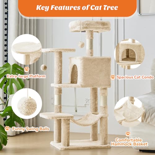 DUMOS Small 44 Inch Cat Tree Tower with Natural Sisal Scratching Posts - color: Beige, size: 43.6"×13.7"×17.7"