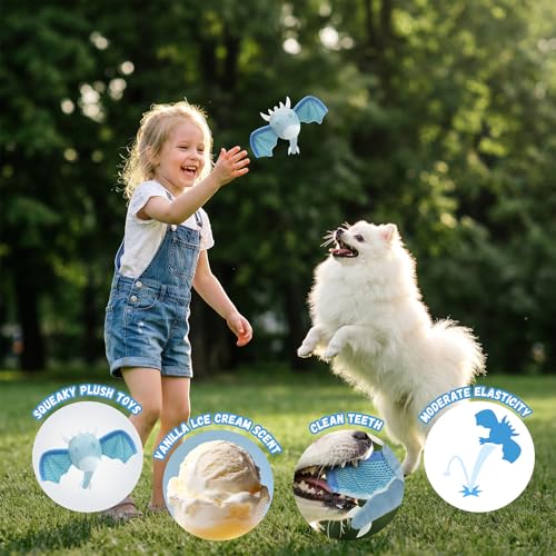 Interactive Dog Squeaky Toys, Indestructible Chew Toys Built-in Vanilla Ice Cream Flavored Ball, Puppy Plush Toys for Small Medium Chewers to Keep Them Busy - Blue Bat - color: Blue Bat