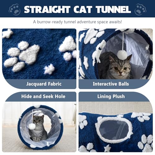 Straight Cat Tunnel for Indoor Cats 47"x12", Blue Paw - color: Blue Paw, size: Straight