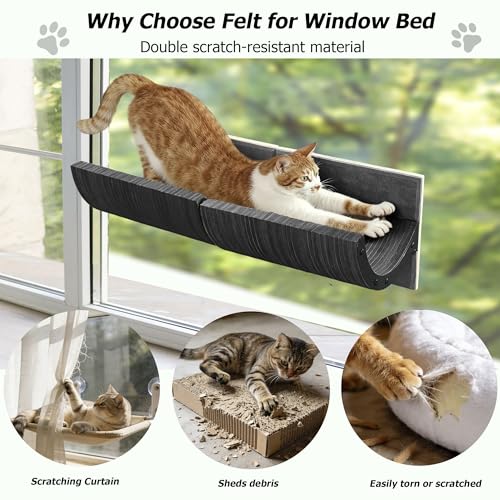 Cat Window Perch with Scratching Bed,Versatile Climbing Shelves Mounted by Strong Suction Cups, Solid Metal Frame and Anti-Slip Felt for Hide,Nap and Sunbath, Glass Protection Design(Grey) - color: Grey