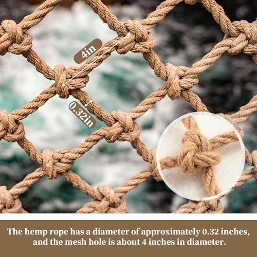 Jute Hemp Rope Net(4ftx12ft), Heavy Duty Natural Climbing Safety Rope Netting Balcony Stairs Fence Garden Playground Protection Net Indoor & Outdoor Decor Rope Net - size: 4ftx12ft