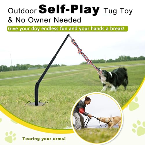 Outdoor Tug of War Dog Toy, Tether Interactive Dog Tug Toy Backyard Heavy-Duty Dog Solo Play Exercise Toy for Large Medium Dogs, Height Adjustable, 2 Rope Toys