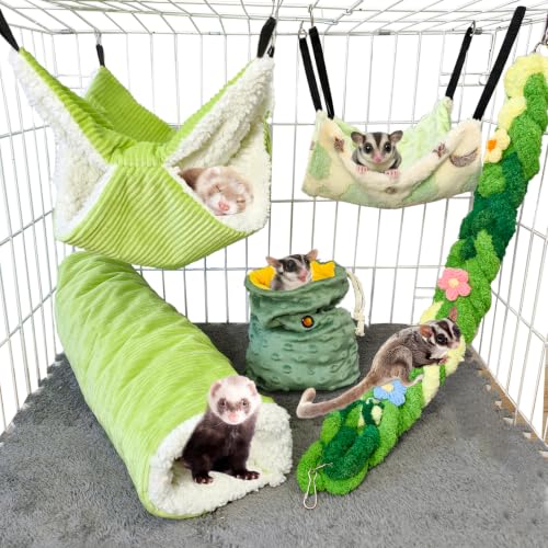 Hamiledyi Rat Hammock 5 Pack Sugar Glider Bed Climbing Ropes Toys Ferret Tunnel Hanging Hammock Swing Hideout Cage Accessories for Hamster Mice Small Animals - color: Green