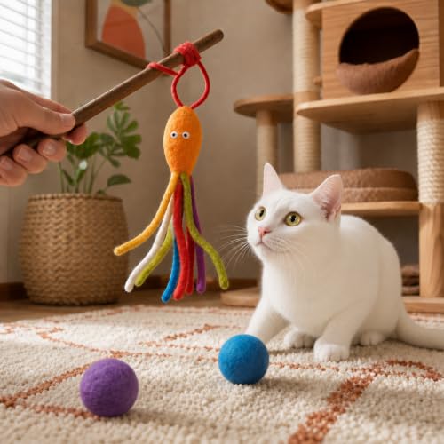 Wool Cat Toy - Felted Wool Rainbow Squid