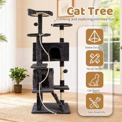 BestOffice 54" Cat Tree with Toy, Multi-Level Cat Tower Indoor Dark Gray - color: Dark Gray, size: 54 Inch