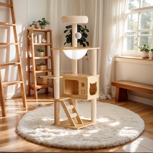 Solid Wood Cat Tree with Clear Space Capsule Nest, Multi-Level Cat Tower with Condo, Sisal Scratching Posts & Ladder, Indoor Activity Cat Perch Furniture for Kitten Adult Cats - color: Style B