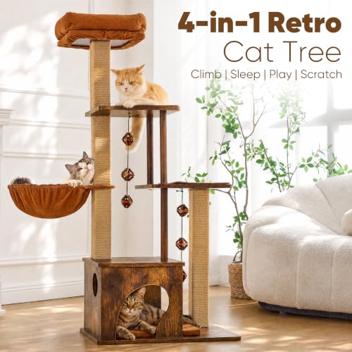 FUKUMARU Retro-Modern Cat Tree, 4 in 1 Large Cat Tower with Hammock & Condo