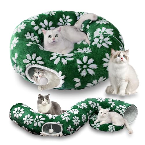 Cute Round Cat Tunnel for Indoor Cats, Green Flower - color: Green Flower, size: Round