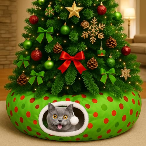 Hollowfly Christmas Cat Bed Tunnel 3ft x 3ft x 9.8in Lime Green Under Tree Cat Donut Tunnels for Indoor Kitten Plush Polka Dot Peekaboo Cave Toy Collapsible 3 Way Xmas Gifts for Small Kitty - style: Polk Dot