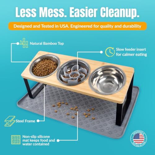 Raised Cat Food Bowls-3 Bowl Elevated Cat Feeding Station with Mat