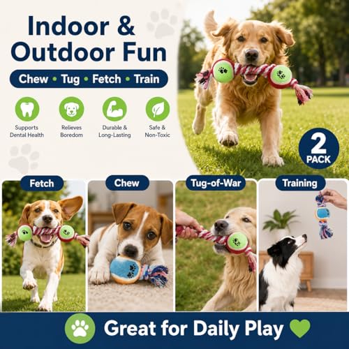 Rope Tennis Ball Toys for Aggressive Chewers, Durable Cotton Rope Tennis Ball Chew Toys for Small, Medium Dogs, Prevent Destructive Chewing, Fetch Toys for Dental Care & Training (2Pcs, Tennis)
