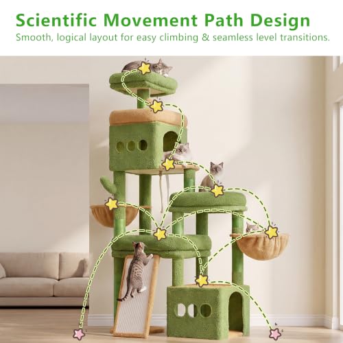 Heybly Cat Tree 72.4-Inch Anti-Tip Cat Tower with Spacious Perches HCT060GY - color: Green and Yellow