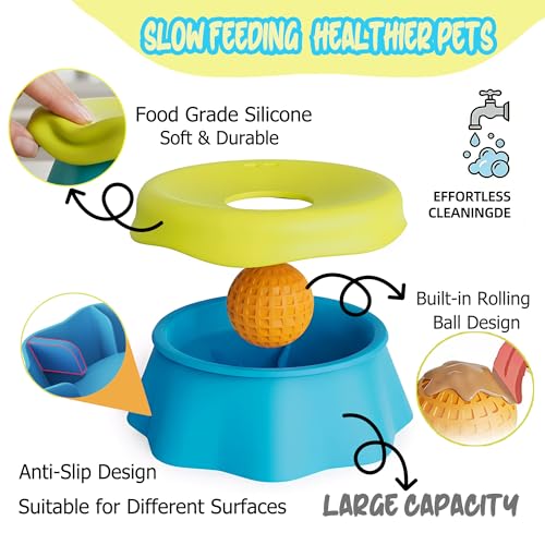 Slow Feeder Dog Bowl Lick Toy with Rolling Ball for Liquid & Dry Food