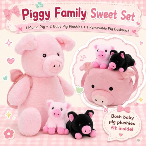 Pig Stuffed Animal with 2 Babies and Backpack, 21 Inch Pink Plush - style: Pig Backpack