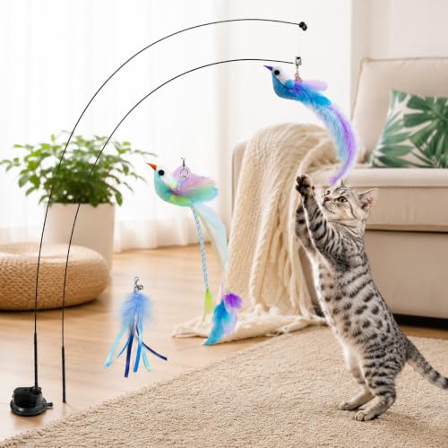Interactive Cat Wand Toys, 2 Wands with 3 Feather Refills for Indoor Cats - color: white