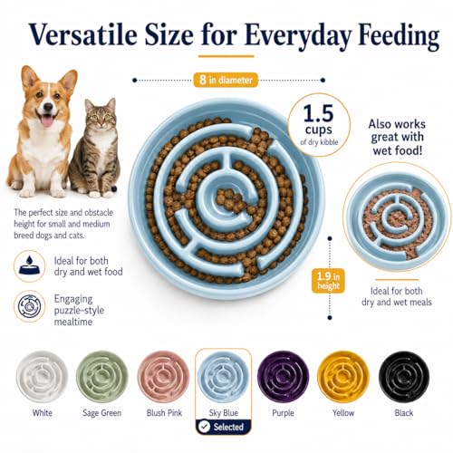 Ceramic Slow Feeder Dog Bowl 1.5 Cup Puzzle Dish for Small Medium Dogs - color: Ceramic-Blue