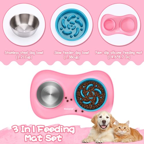 MateeyLife Dog Food and Water Bowl Set 3 in 1, Slow Feeder Dog Bowls & Stainless Steel Water Bowl with Non-Spill Silicone Mat, Cat and Puppy Bowls Pet Dishes for Small Medium Large Breed Anti-Choking - color: Pink, size: Small