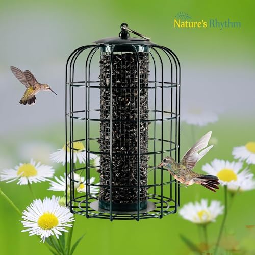 Nature's Rhythm Outdoor Hanging Bird Feeder Cage Mesh Tube Squirrel Proof Wild Bird Feeder with Large Metal Seed Guard Deterrent - size: Mesh Tube Bird Feeder